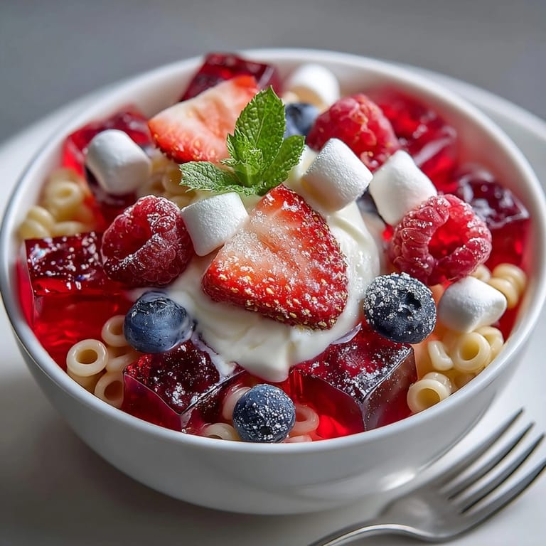 This Rebel Soda Jello Parfait Pasta Salad features sweet pasta, fresh berries, and refreshing fruity soda gelatin.