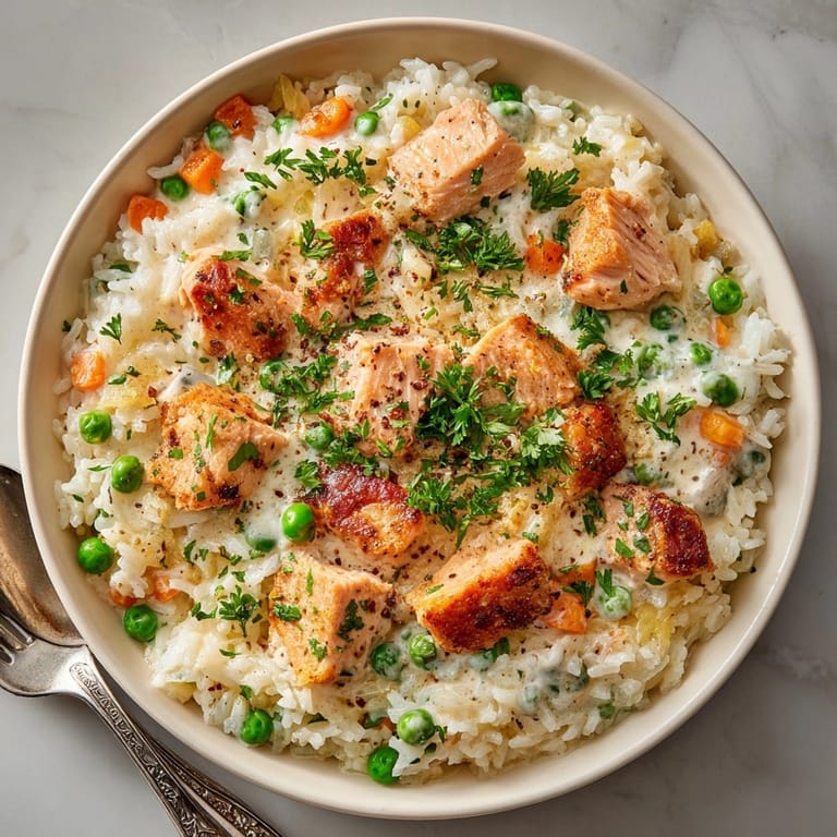 Perfectly cooked, delicious One-Pot Creamy Chicken and Rice in a skillet, ready to enjoy tonight.