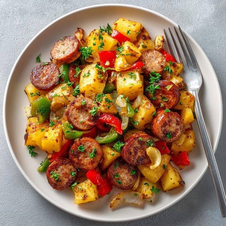 A bubbling skillet of sausage and potato hash, a hearty, home-cooked meal ready to enjoy.