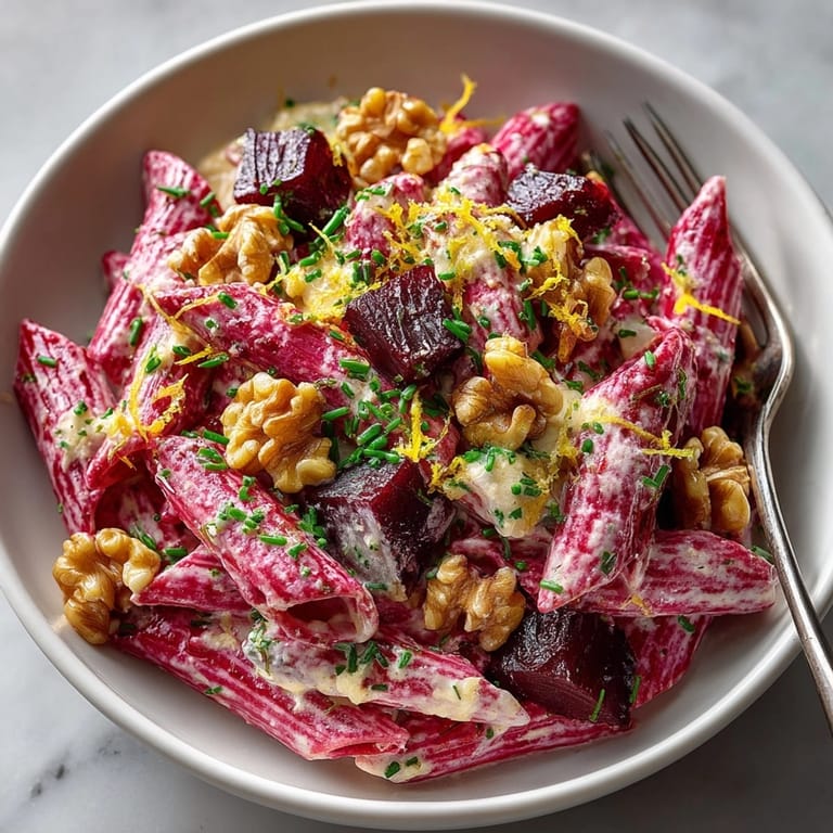 Luscious beet and goat cheese pasta topped with glossy candied walnut crunch, ready to serve.