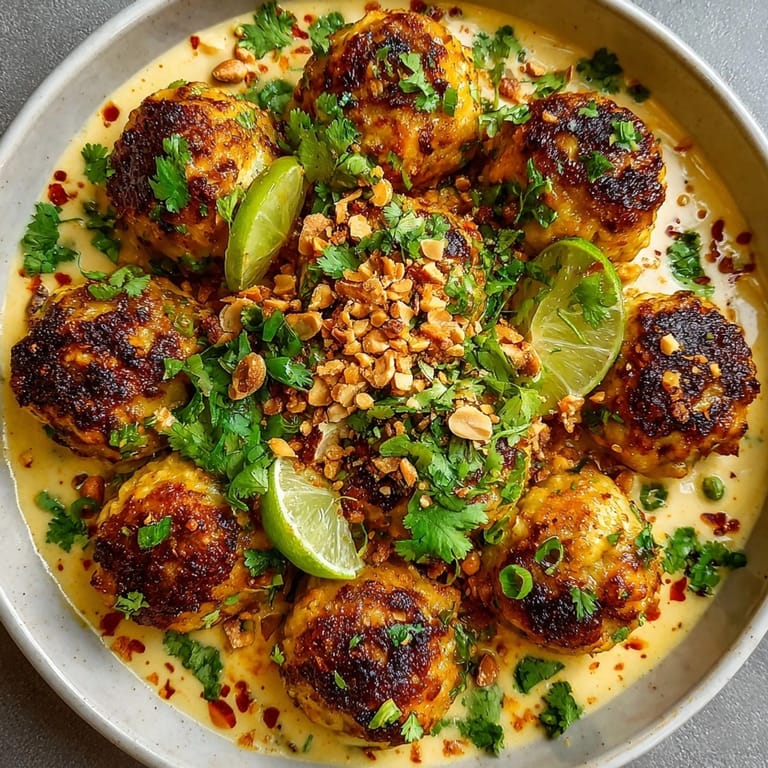 Close-up of juicy Thai Peanut Chicken Meatballs in rich peanut sauce, ready as a savory appetizer