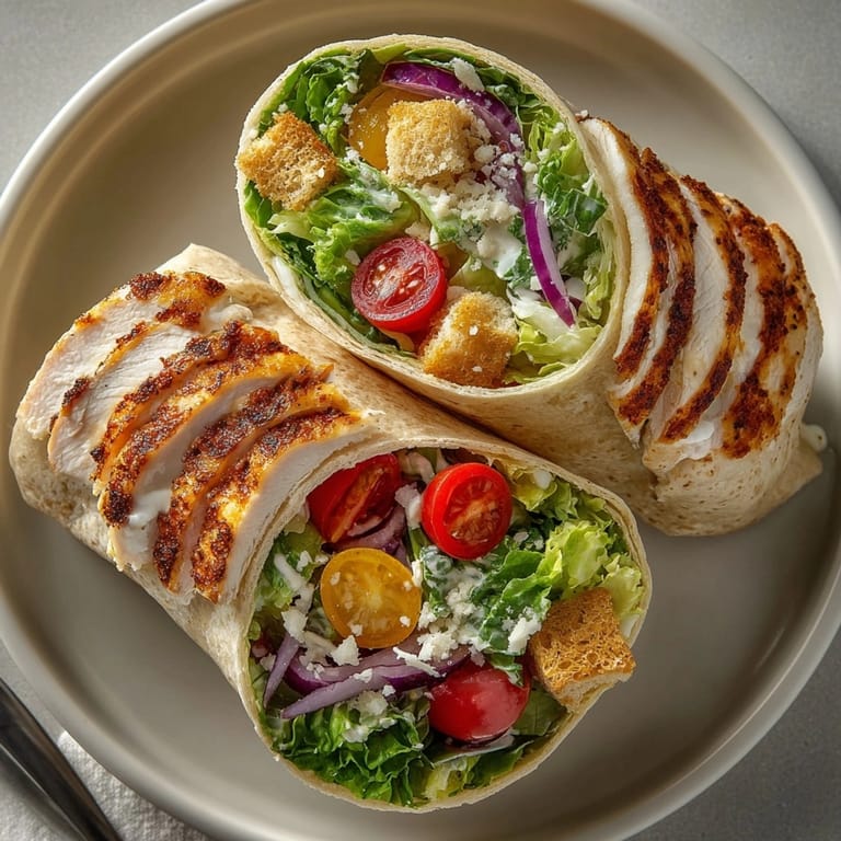 Close-up of Cajun Chicken Caesar Wraps ready to serve, with parmesan, tomatoes, and toasted croutons peeking inside.