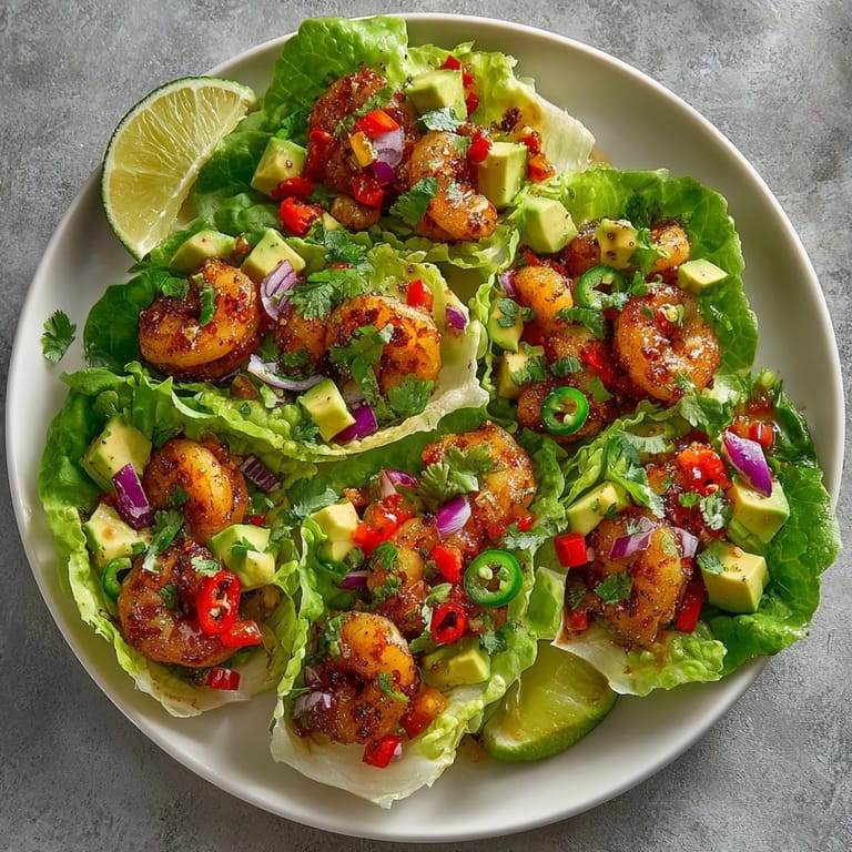 Spicy shrimp and avocado lettuce wraps garnished with jalapeño and lime wedges on a platter.