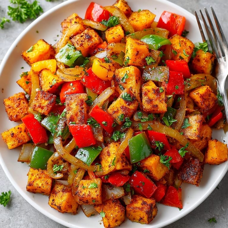 Warm Cinnamon-Spiced Sweet Potato Hash served on a rustic plate with maple glaze sheen