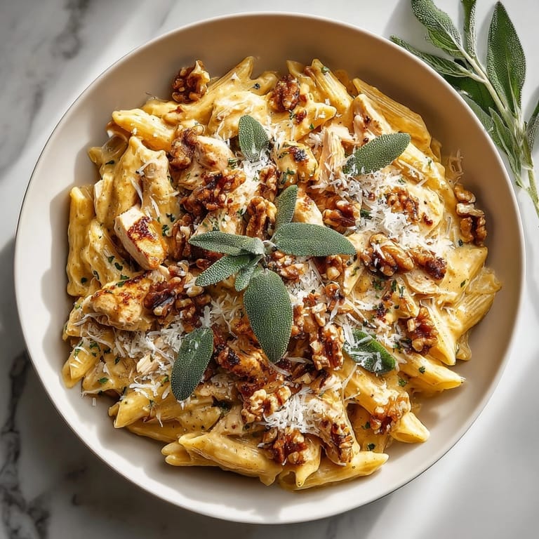 Warm autumn-inspired creamy pumpkin chicken penne garnished with extra Parmesan and fresh herbs.