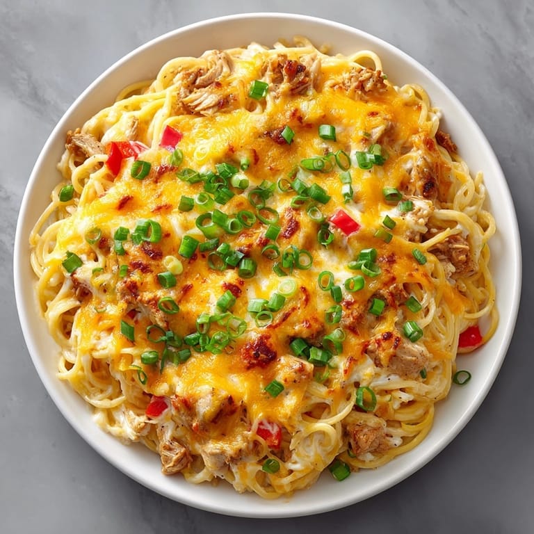Serving of Spicy Southern Cheesy Chicken Spaghetti Casserole featuring creamy layers and a spicy, gooey cheese topping.