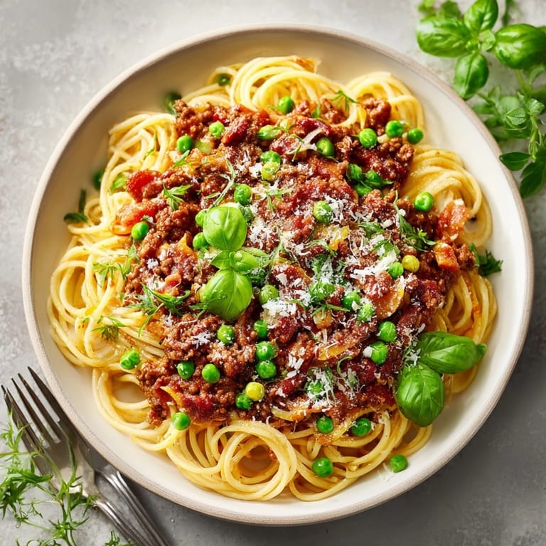 Close-up of Spaghetti Bolognese with smoky bacon, sweet peas, and rich tomato sauce.