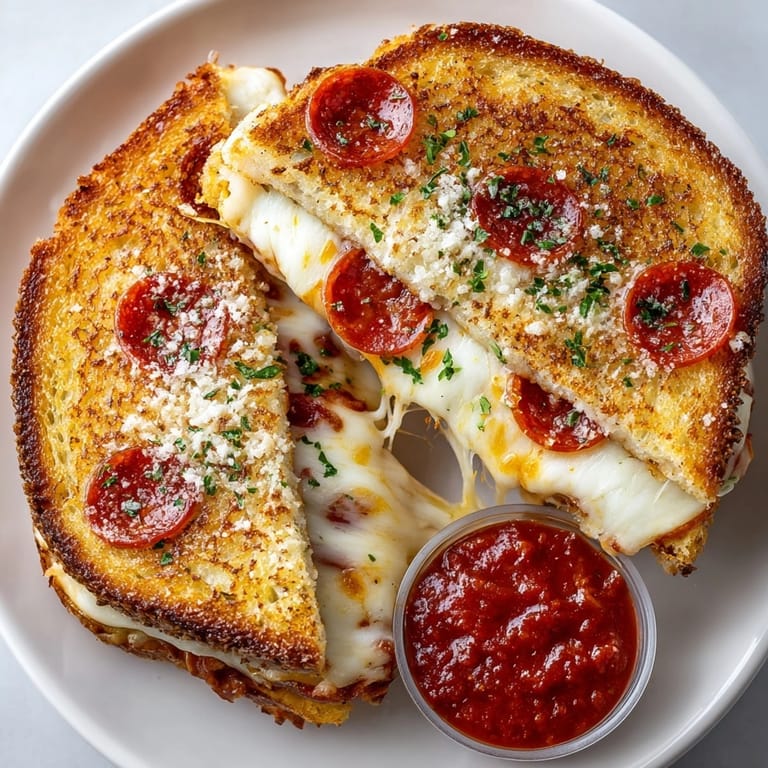 Pizza Grilled Cheese sandwich sliced in half, revealing melted cheese and savory pizza sauce.