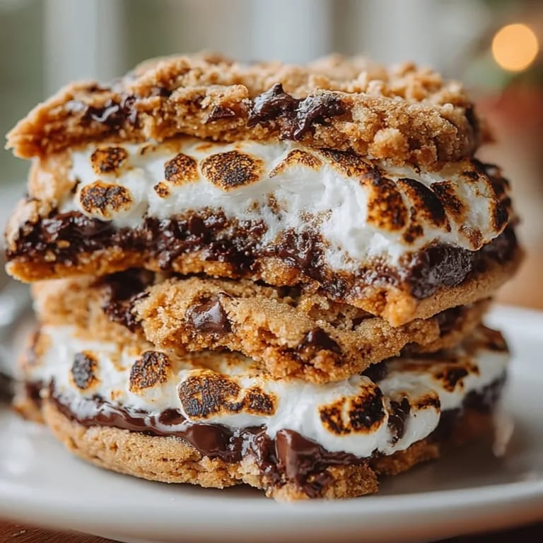 Close-up of Chocolate Chip S'Mores Cookies stacked on a plate for a cozy snack.