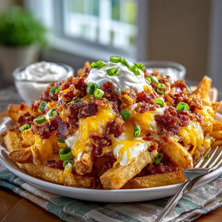Freshly baked loaded bacon cheese fries on a platter, perfect for sharing at game day parties.