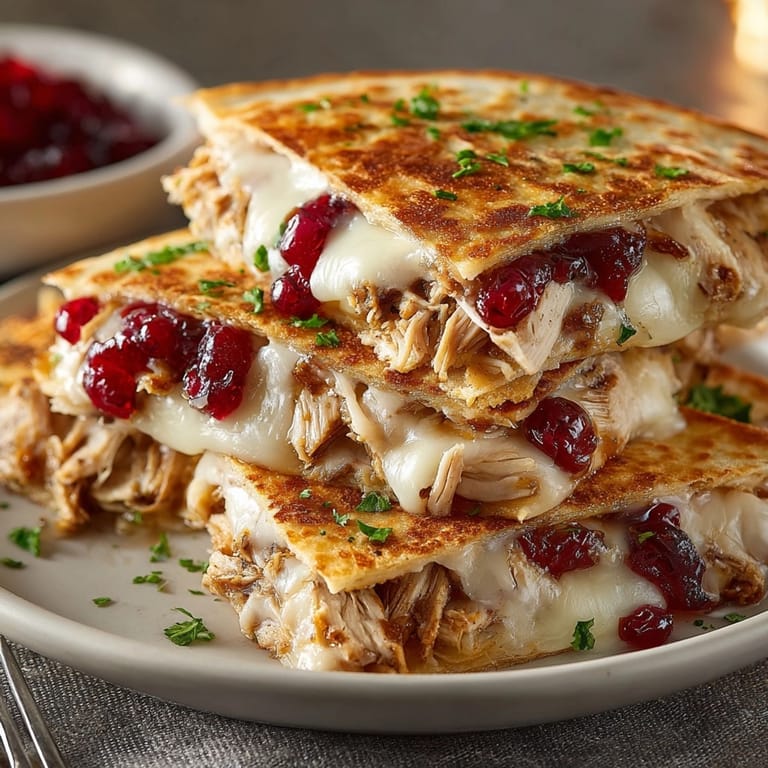 Warm, cheesy Leftover Turkey Cranberry Quesadillas with vibrant red cranberry sauce showing.