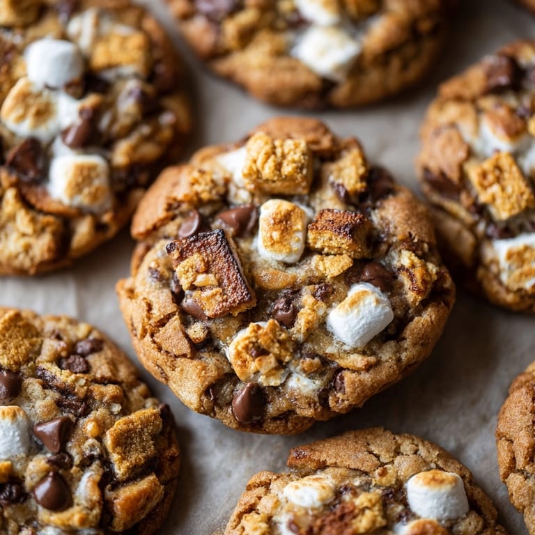 Warm, gooey Levain-Style S'mores Cookies with visible graham cracker pieces, ready for serving.