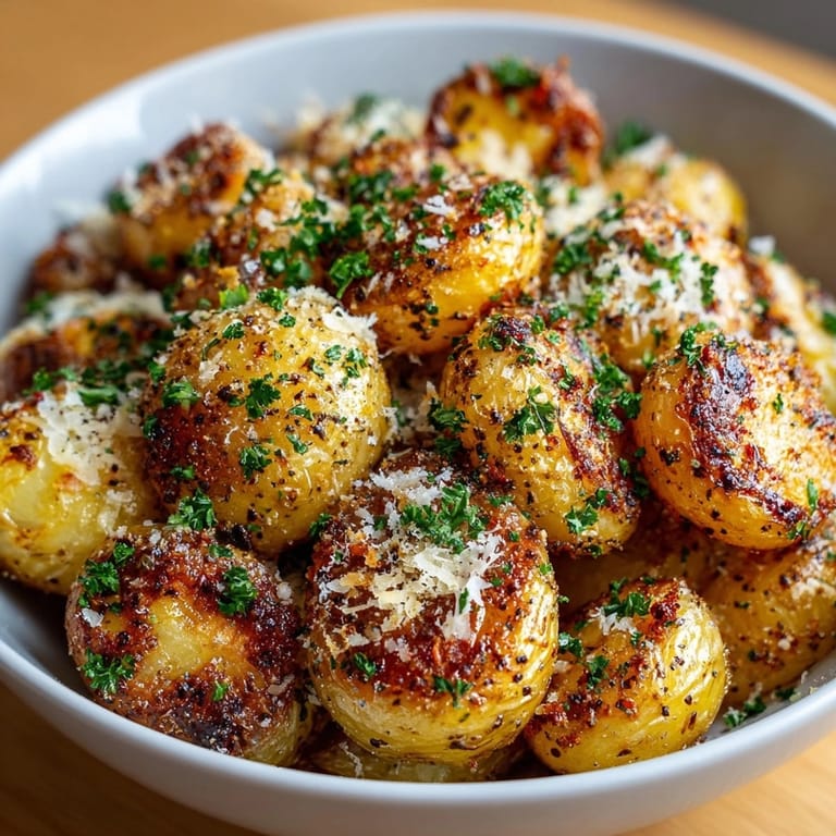Easy Parmesan-Crusted Roasted Potatoes recipe: halved potatoes tossed in a cheesy, golden coating.