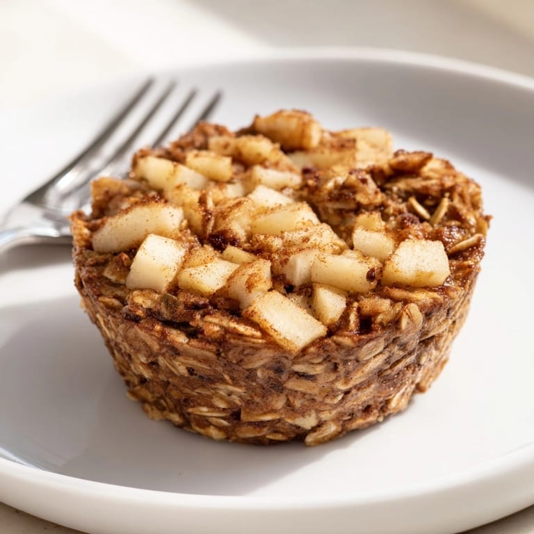 Close-up of Protein Apple Cinnamon Oatmeal Cups: fluffy texture with diced apples.