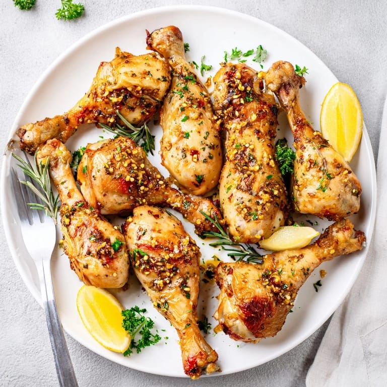Imagine serving flavorful Garlic Herb Roasted Chicken Drumsticks with lemon wedges, a satisfying dinner.