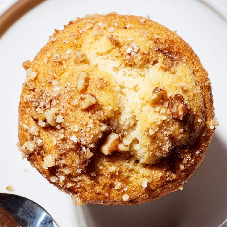Freshly baked Ricotta Walnut Crunch Muffins, showcase a moist crumb, perfect for breakfast.