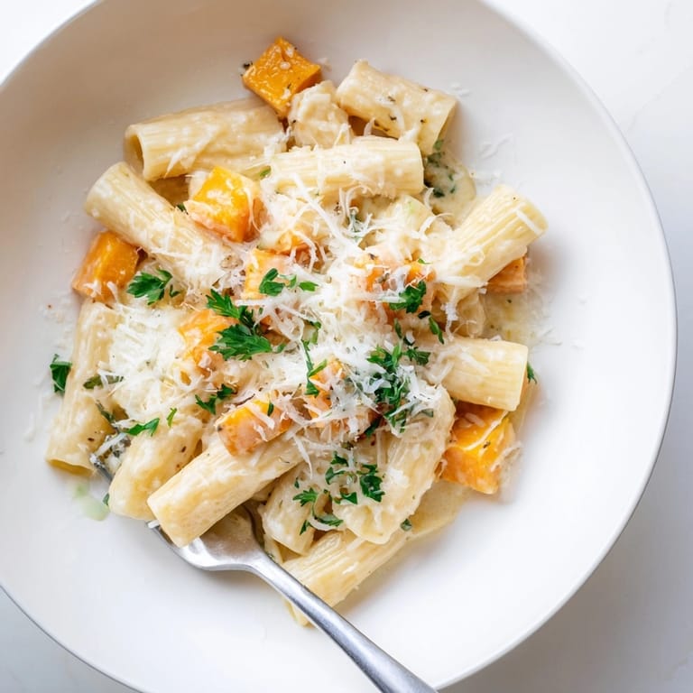 Homemade Alfredo Butternut Squash Pasta Bake: creamy, cheesy goodness with tender squash and pasta.