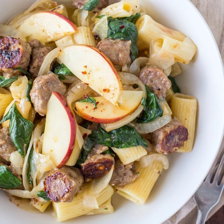Sizzling skillet with Roasted Apple and Sausage Pasta, a sweet, savory delight.
