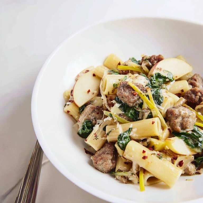 Close-up of bubbling Roasted Apple and Sausage Pasta Skillet topped with Parmesan cheese.