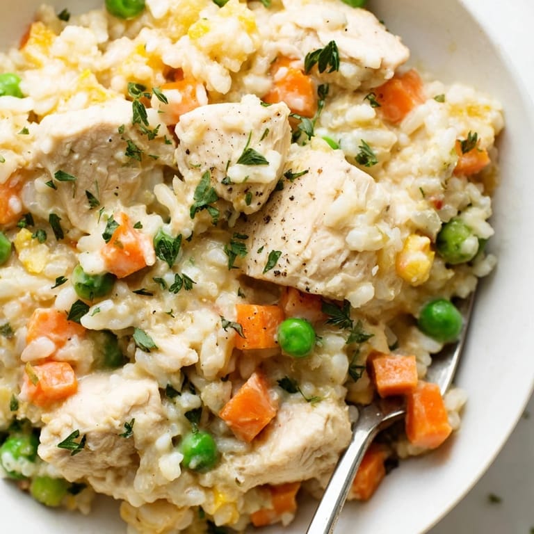 Savor the One-Pot Creamy Chicken and Rice, a heartwarming family dinner topped with peas.  