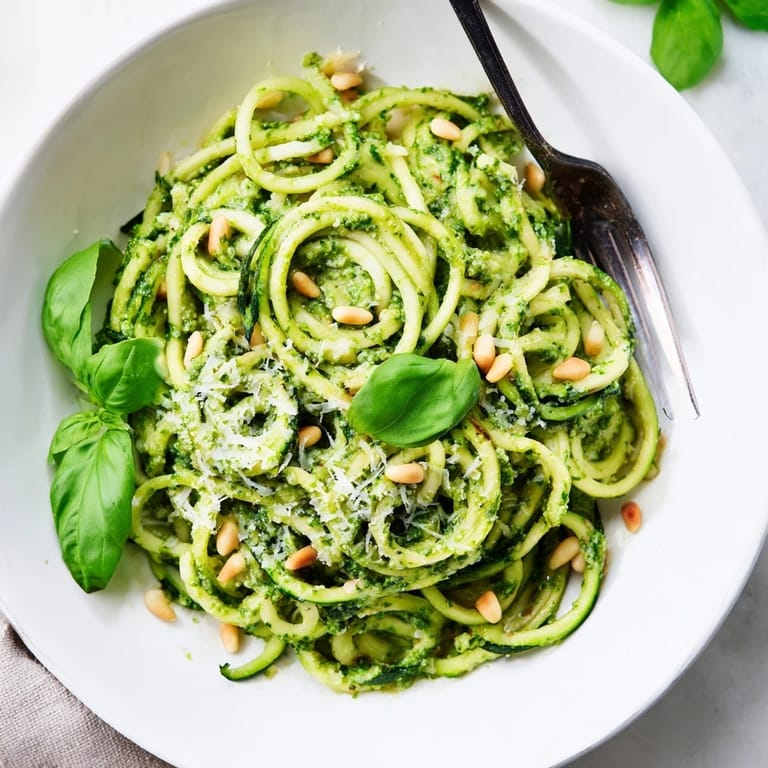 A delightful plate of zucchini noodles with aromatic basil pesto and toasted nuts.  