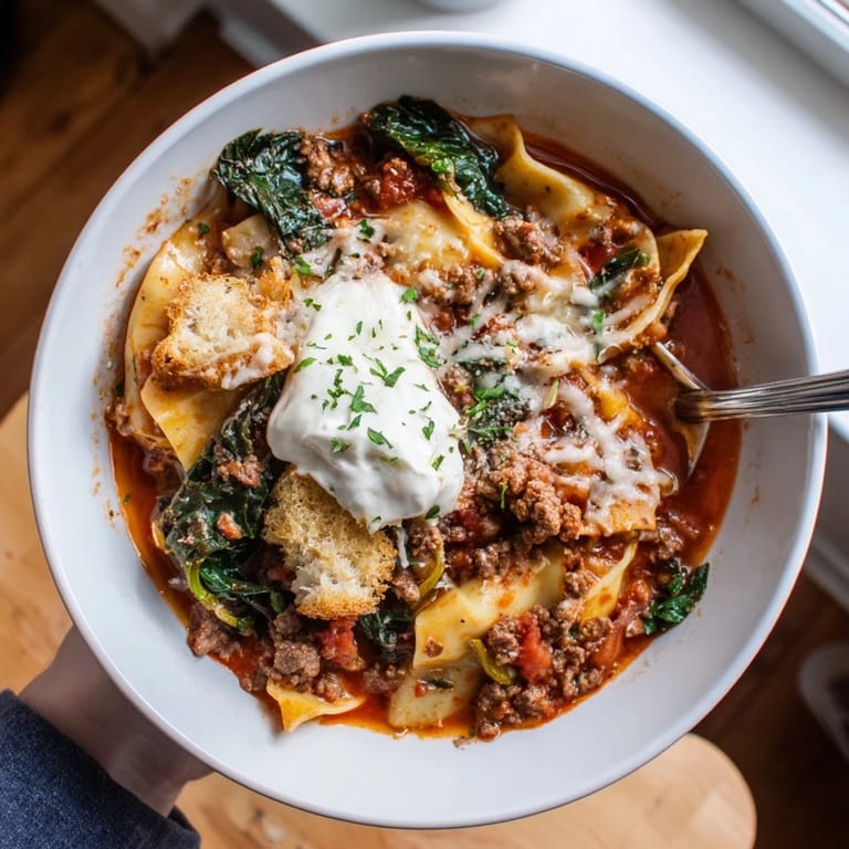 Warm lasagne soup bursting with Italian flavors, topped with crispy garlic croutons.  