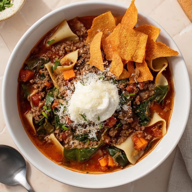 Warm bowl of lasagne soup garnished with rich cheese and paired with sweet potato fries.  