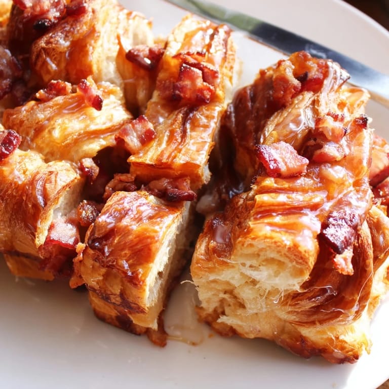 Golden-baked Maple Bacon Croissant Loaf, perfect for brunch with fresh berries on the side.