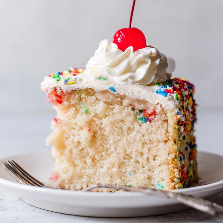 A slice of Classic Soda Float Sheet Cake, bursting with nostalgic flavors and colorful toppings.  