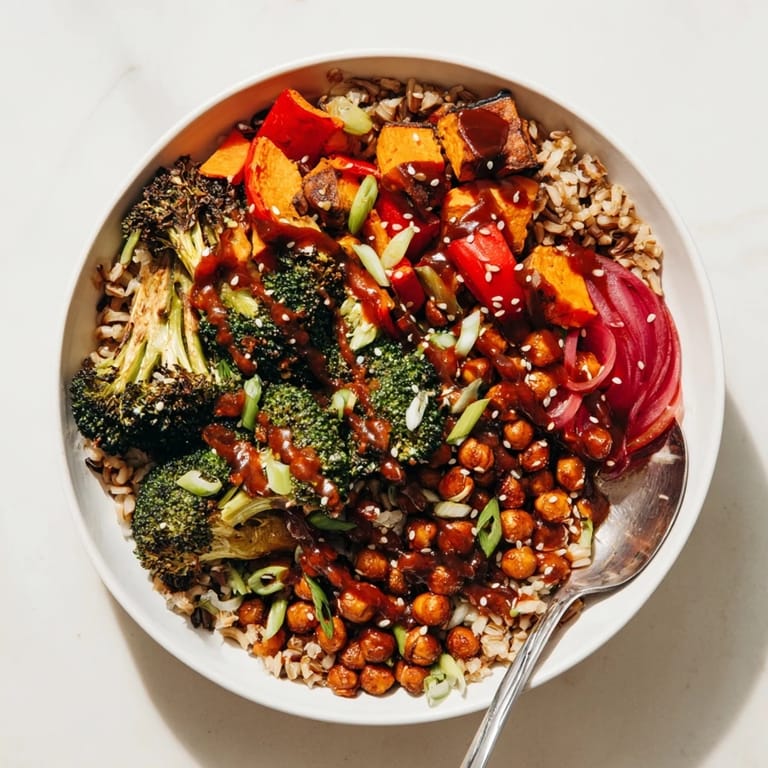 Delicious Bold Sauce Drizzle Bowls served with crispy chickpeas and fresh green onion garnish.