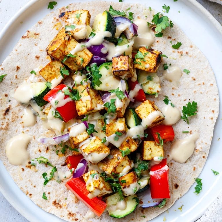 Savory vegan viral recipe re-make with a creamy tahini-yogurt drizzle on warm wraps.  