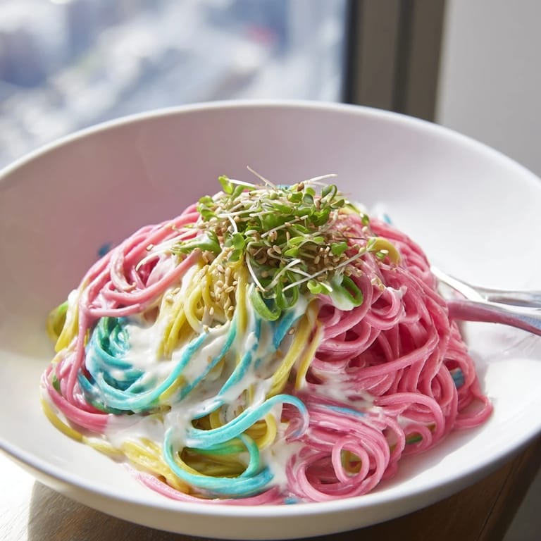 Delicious Neon Noodle Cloud, featuring colorful noodles topped with scallions and sesame seeds.