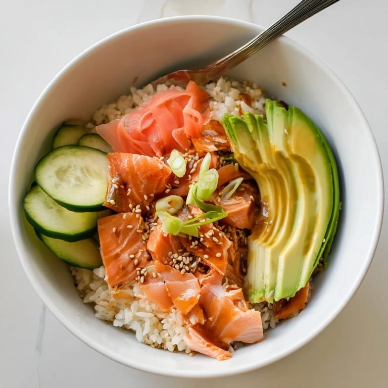 Quick leftover salmon and rice bowl bursting with vibrant colors and flavors.  