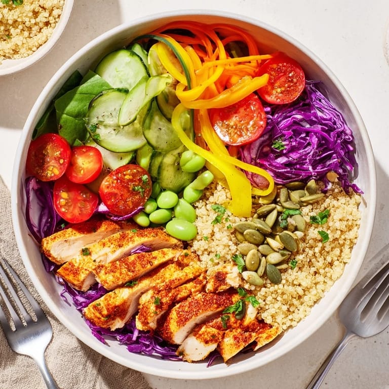 Colorful healthy meal-prep bowls layered with quinoa, fresh veggies, and grilled chicken.  