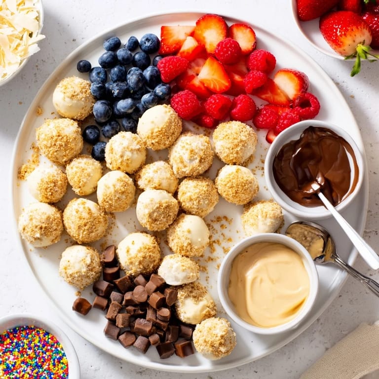 Interactive Deconstructed Dessert Board of cheesecake bites, drizzled with caramel and colorful sprinkles.