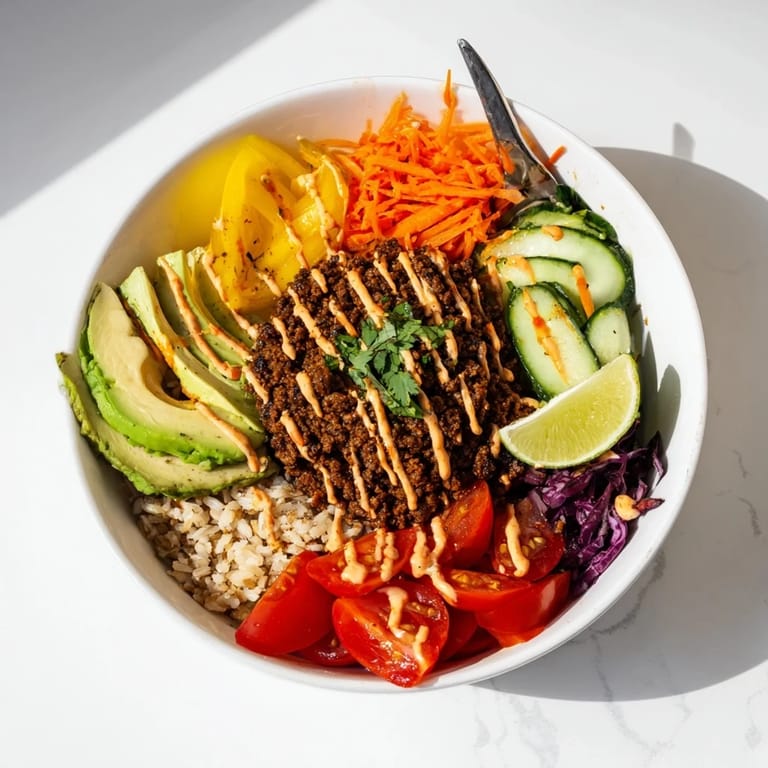 Wholesome plant-based meat bowl, served with lime and avocado for freshness.