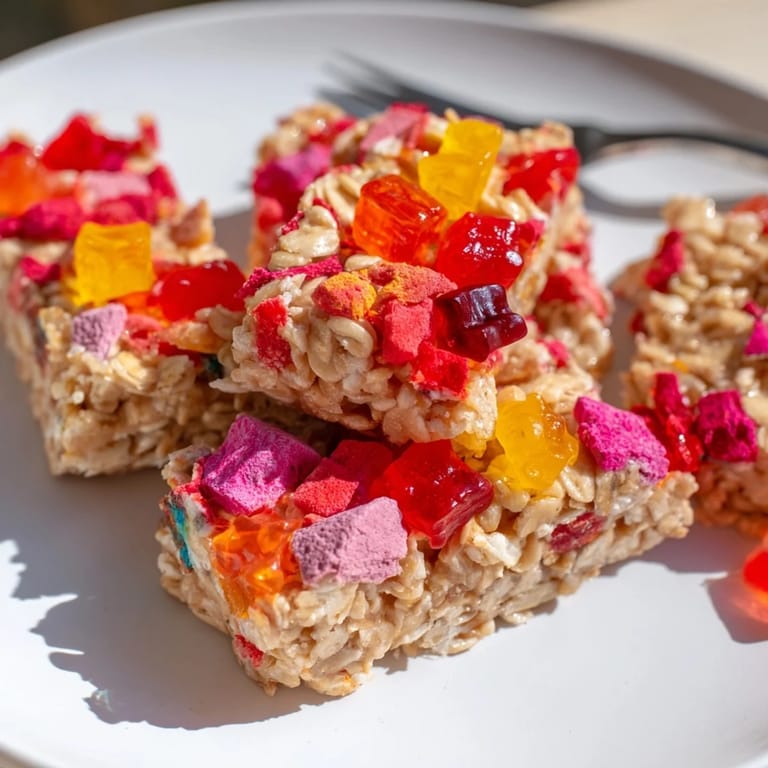 Homemade gummies topped on a wholesome oat base, perfect for a delicious snack.  