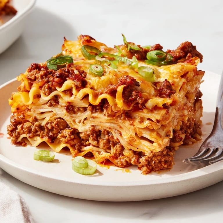 Comforting spicy ramen lasagna with rich ground pork and zesty tomato sauce.  