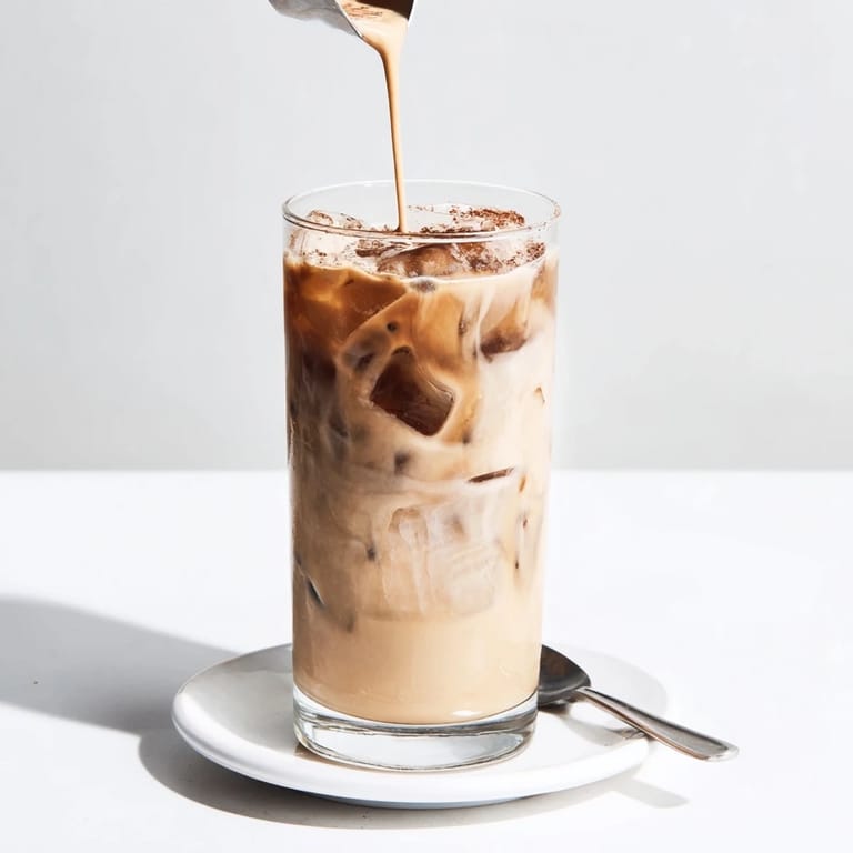 Refreshing tahini iced coffee topped with plant-based milk and ice, perfect for warm days.  