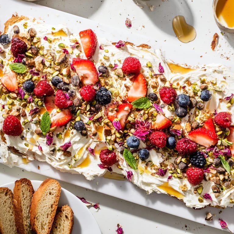 Decadent butter board dessert spread on toasted baguette, garnished with mint.  