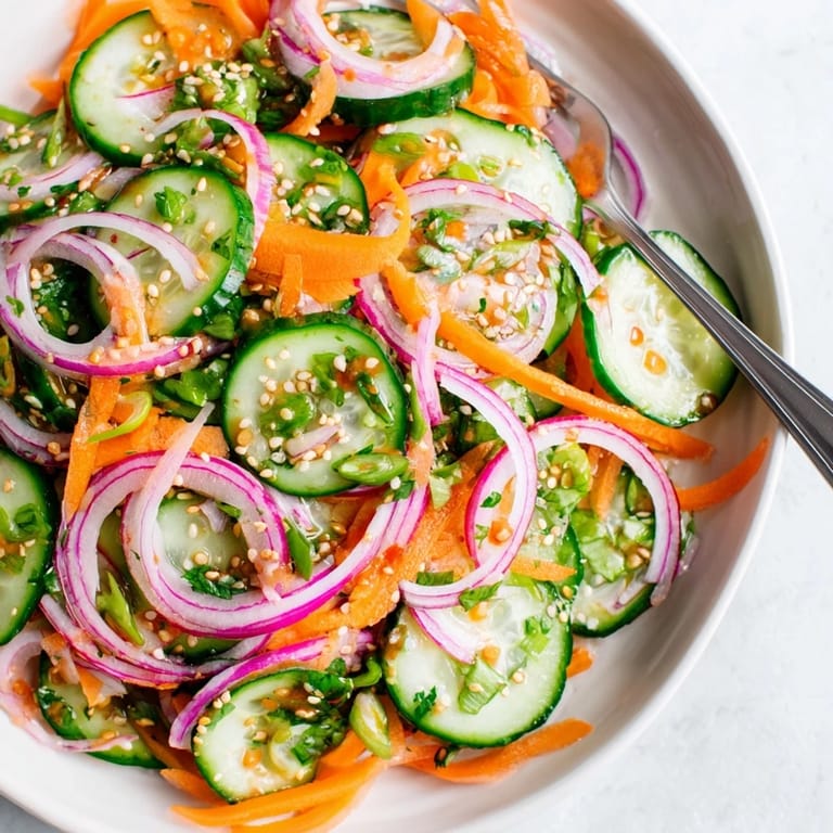 Colorful cucumber salad remix drizzled with Asian-inspired sesame and fish sauce dressing.  