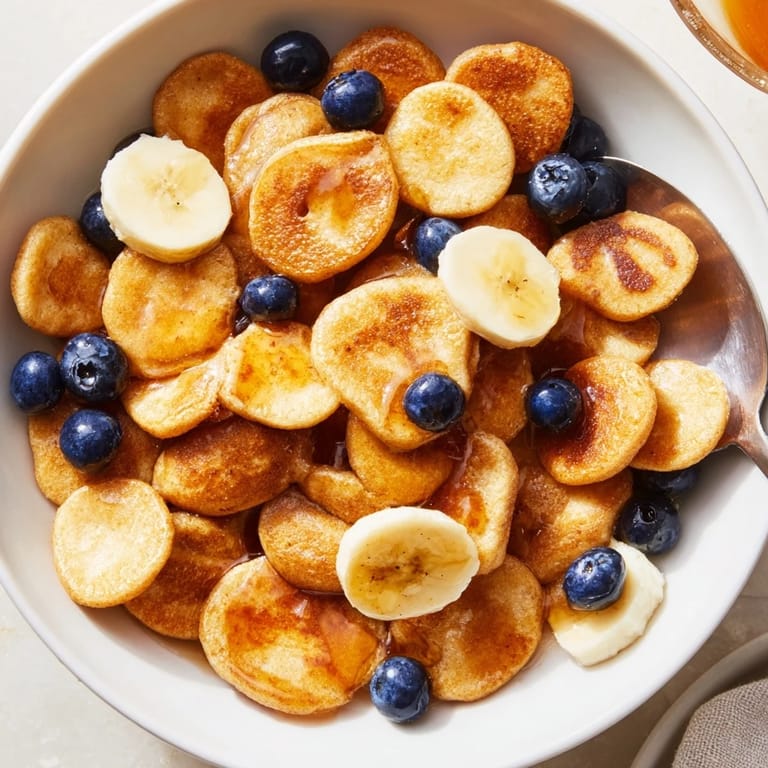 Bite-sized mini pancake cereal, crispy outside and fluffy inside, drizzled with syrup.  