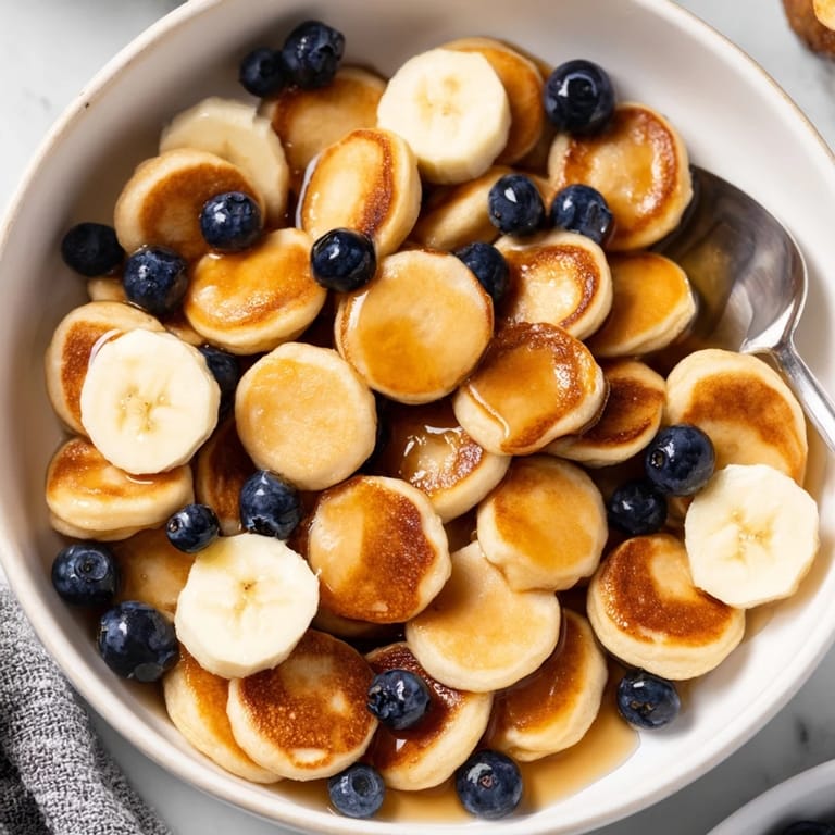 A vibrant bowl of mini pancake cereal topped with berries and sweet maple syrup.