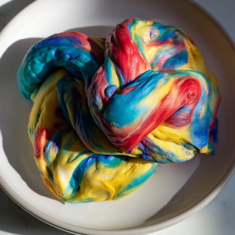 Deliciously airy Cloud Bread Rainbow Version, topped with berries and whipped cream.