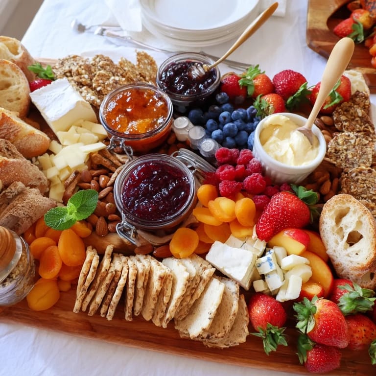 Artfully arranged jam-infused brunch board with colorful fruits, cheeses, and crunchy crackers.  