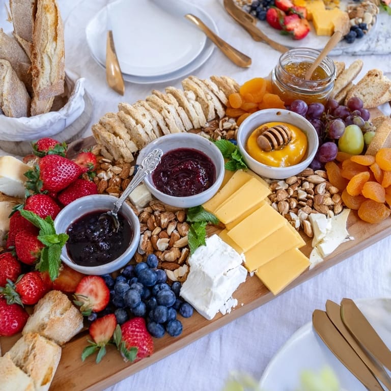 Delightful jam-infused brunch board showcasing rich cheeses, sweet jams, and fresh seasonal fruits.