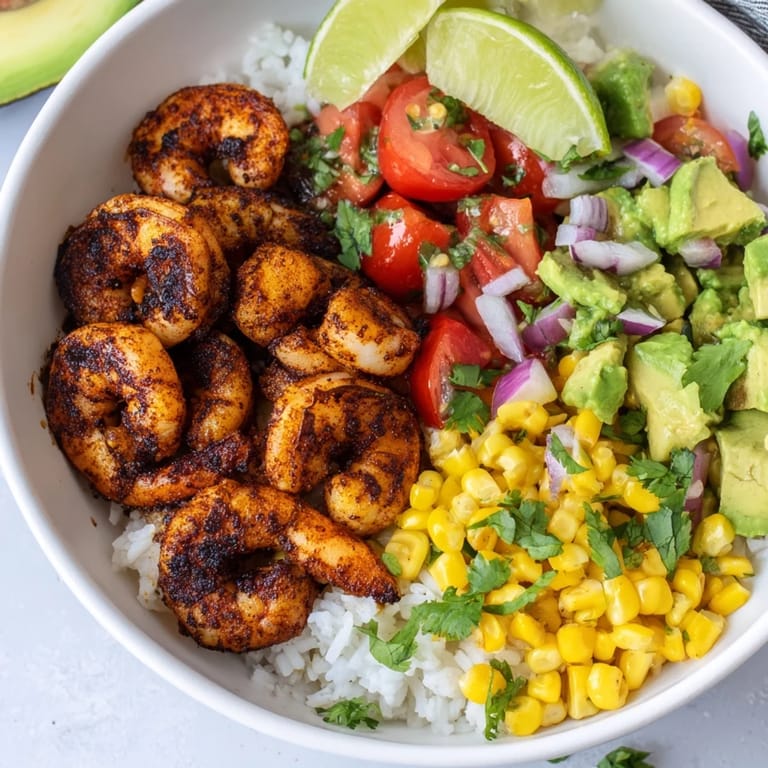 Flavorful blackened shrimp bowl featuring creamy avocado corn salsa and fresh lime.  