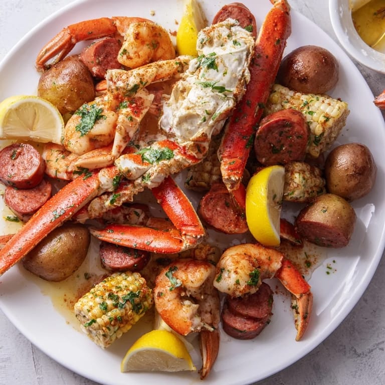 Colorful seafood boil featuring spicy sausage, shrimp, and fresh corn on display.  