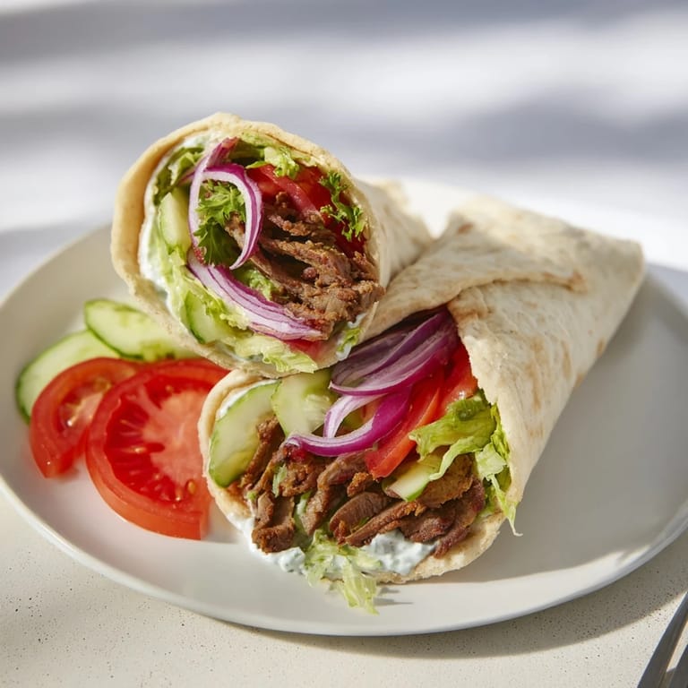 Spiced beef shawarma wraps nestled in warm flatbreads, served with zesty yogurt dip.