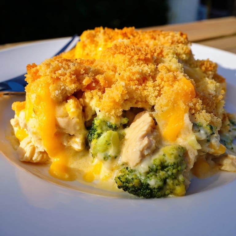 Golden Chicken & Broccoli Cheddar Bake served warm, ideal for family gatherings and comfort.